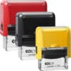 Carimbos automáticos COLOP personalizados em vermelho, preto e amarelo