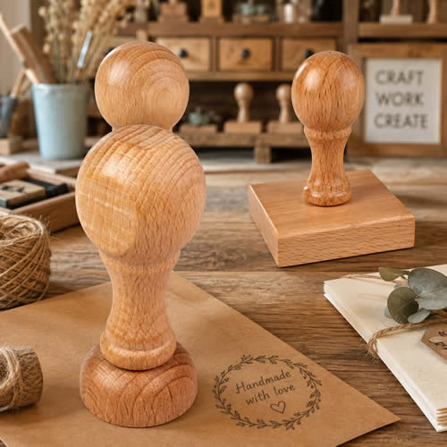Carimbos personalizados manuais em madeira natural com pega arredondada, em promoção