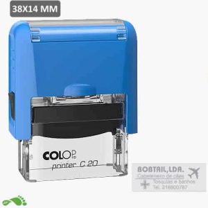 Carimbo automático COLOP Printer C20 azul, com área de impressão 38x14mm e exemplo de personalização com dados de empresa