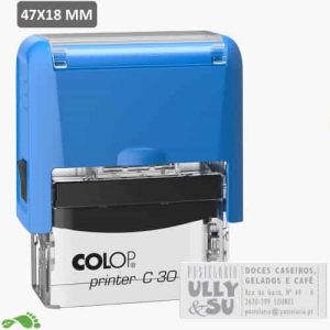 Carimbo automático COLOP Printer C30 azul com área de impressão 47x18mm e exemplo de personalização com dados de pastelaria