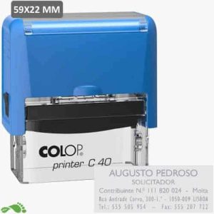Carimbo automático COLOP Printer C40 azul com área de impressão 59x22mm, exibindo exemplo de personalização para solicitador