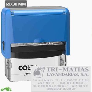 Carimbo automático COLOP Printer C50 azul com área de impressão 69x30mm, com exemplo de personalização para lavandaria
